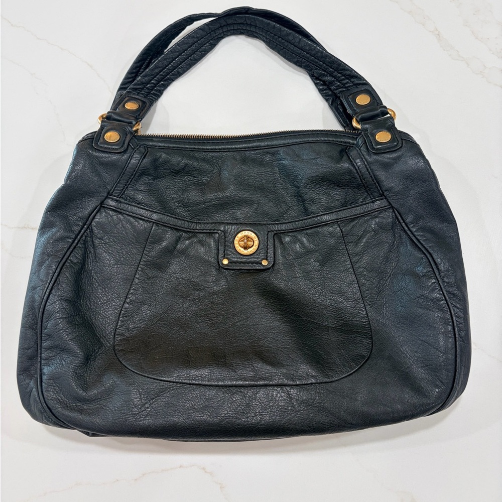 Marc Jacobs Black Leather Shoulder Bag with Gold Accents